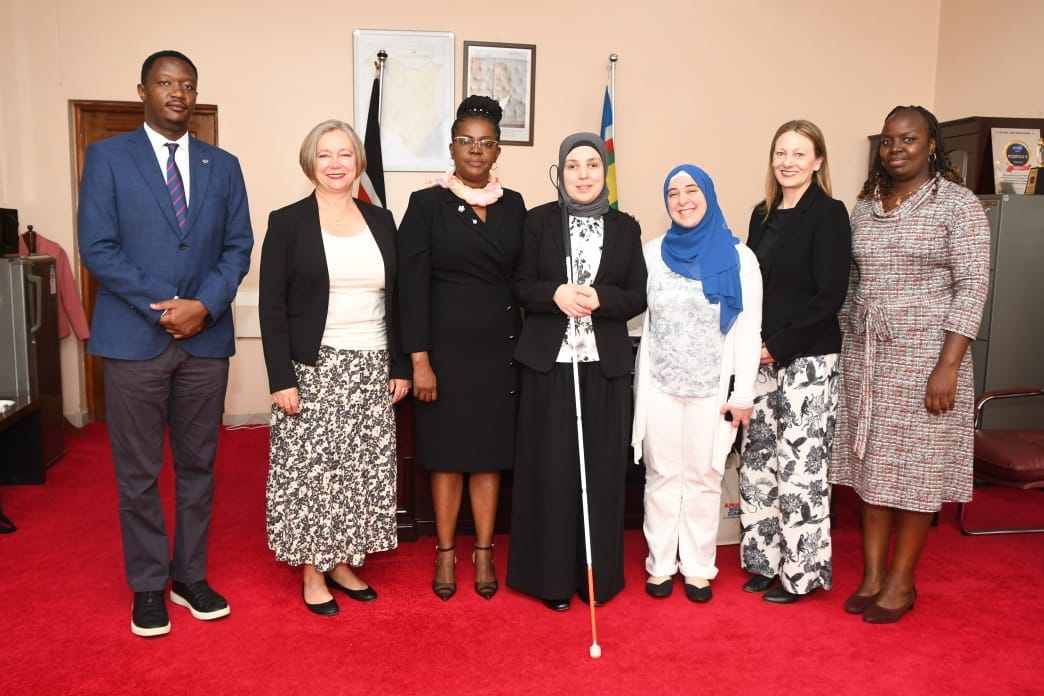 Principal Secretary Anne Wang'ombe (third from right) poses with the Special Advisor on International Disability Rights ,Sara Minkara (center), the Senior Policy Advisor Kristi Mietzner (second from right) and Special Assistant Hannah Nasri. Accompanying PS Wang'ombe was Director Gender Mainstreaming, Jackline Makokha (right).