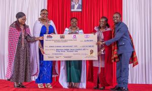 CS Aisha Jumwa presided over distribution of income generating tools and equipment worth over 19 Million Kenya Shillings in Kajiado County.