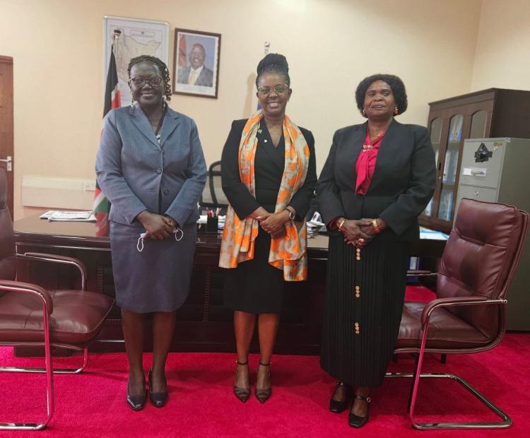 State Department for Gender and Affirmative Action Principal Secretary Madam Anne Wang'ombe and Minister Aya Benjamin Libo Warille of the Ministry of Gender, Child and Social Welfare in Southern Sudan pose for a photo during the visit.