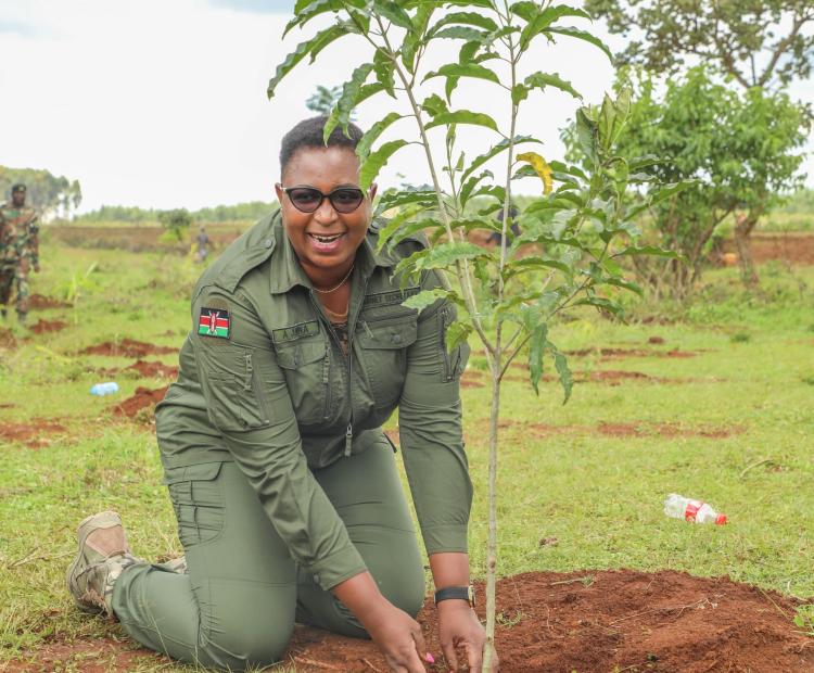 Cabinet Secretary for Gender, Culture the Arts and Heritage Hon. Aisha Jumwa plants a tree during the National Tree Growing exercise on Nzoia Forest Station, Kakamega County