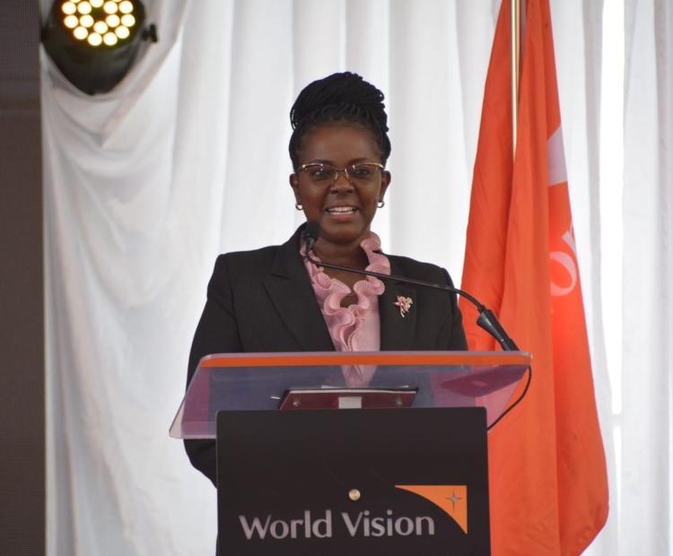 Gender PS Anne Wangómbe speaks during the launch of #Enough by the World Vision