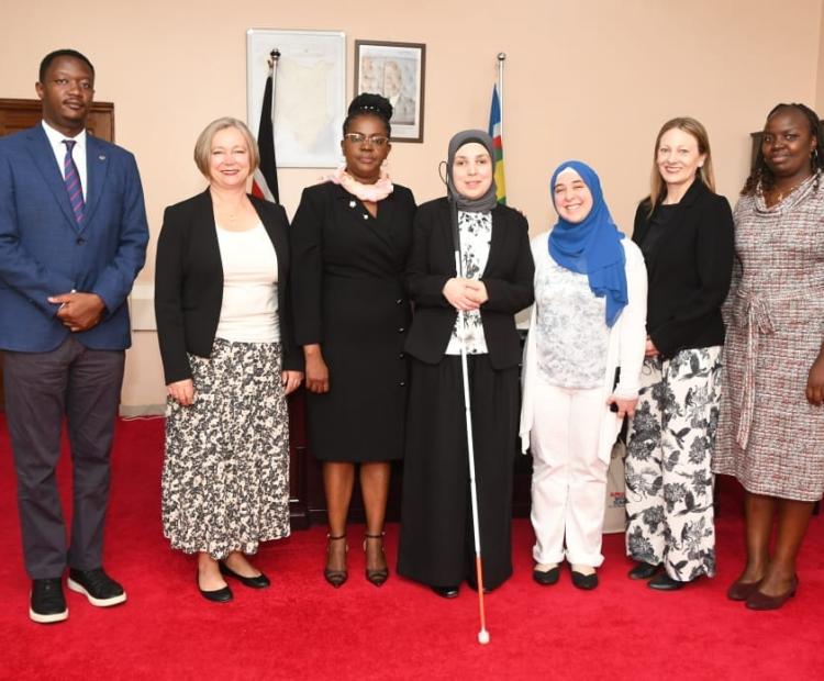 Principal Secretary Anne Wang'ombe (third from right) poses with the Special Advisor on International Disability Rights ,Sara Minkara (center), the Senior Policy Advisor Kristi Mietzner (second from right) and Special Assistant Hannah Nasri. Accompanying PS Wang'ombe was Director Gender Mainstreaming, Jackline Makokha (right).